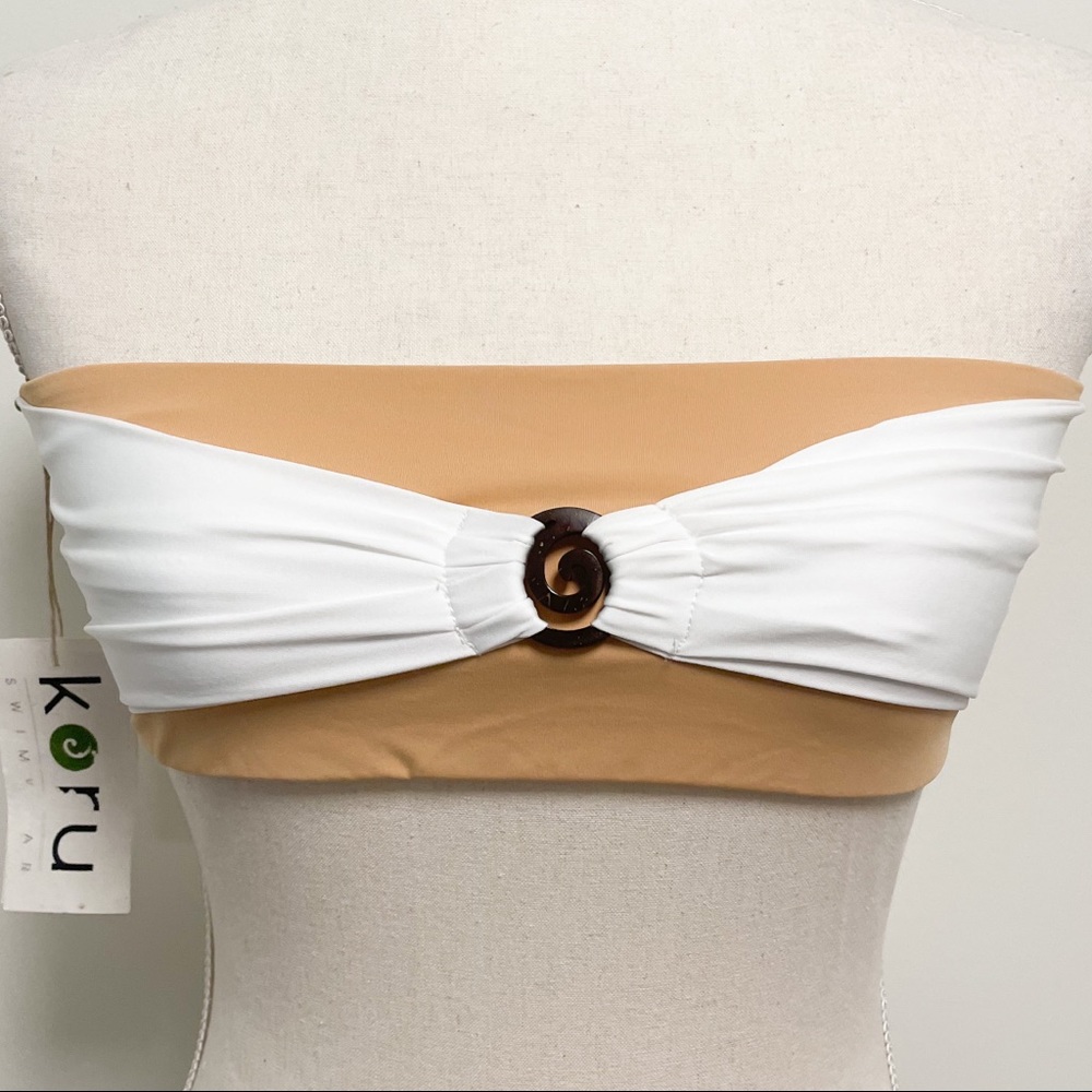 Koru Swimwear Tan Nude White Bandeau Bikini Top NWT Medium No Padding Swirl Bow - Picture 2 of 12